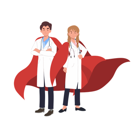 Dúo de médicos con estetoscopios y capas rojas de superhéroe  Ilustración