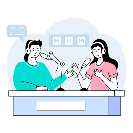 Duo of female podcasters discussing insights with their listeners in a studio setting  Illustration