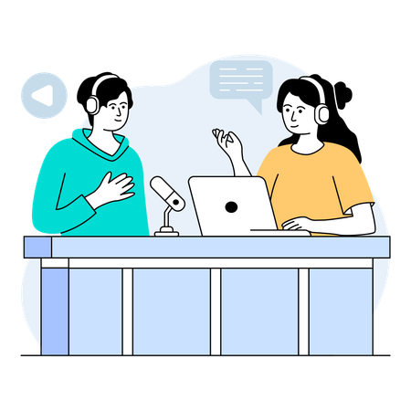 Duo of podcasters planning and structuring future episodes sharing one mic  Illustration