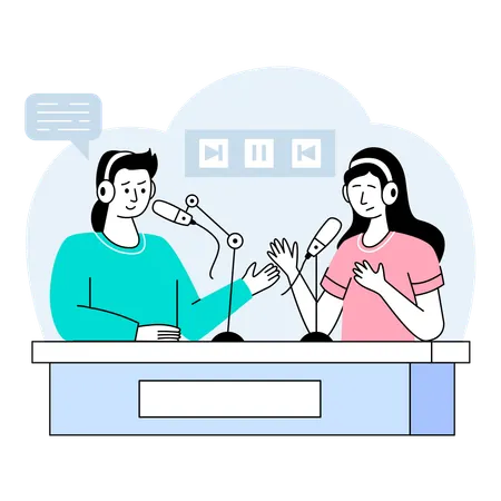 Zwei Podcasterinnen diskutieren Erkenntnisse mit ihren Zuhörern im Studio  Illustration