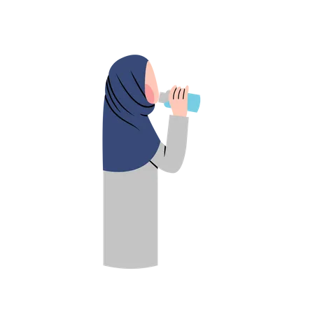 Durstige Frau trinkt Wasser aus Plastikflasche  Illustration