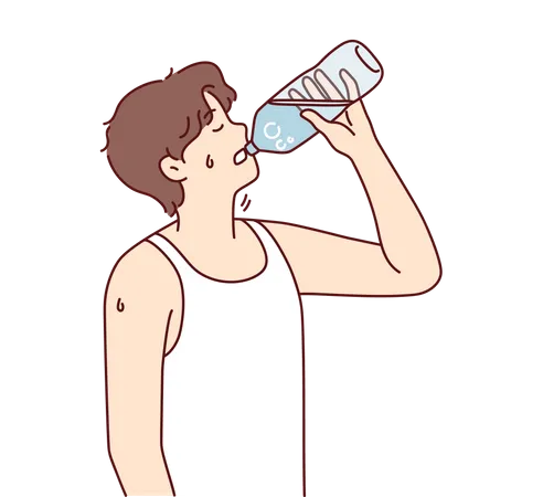 Durstiger Junge trinkt Wasser aus der Wasserflasche  Illustration