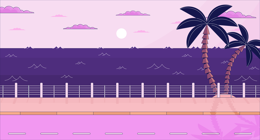 Dusk roadside seascape with palm trees  Illustration