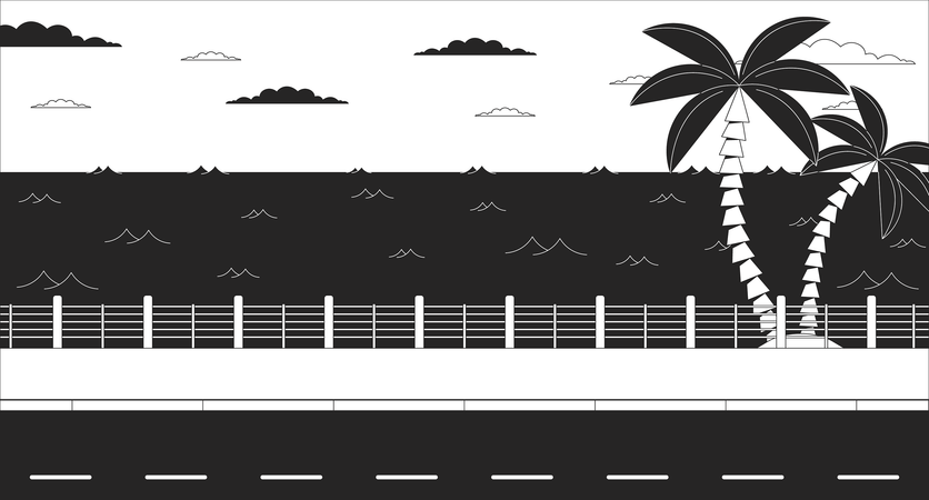 Dusk roadside seascape with palm trees  Illustration