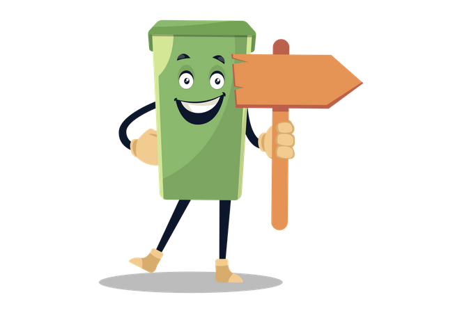 Dustbin is holding a wooden signboard in hand  Illustration