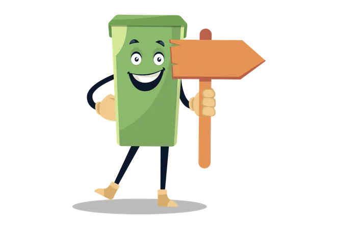 Dustbin is holding a wooden signboard in hand  Illustration