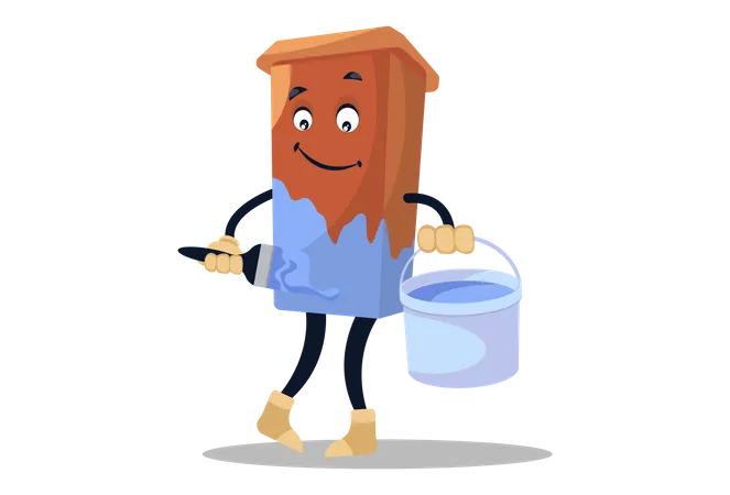 Dustbin standing with color brush and bucket and painting itself Illustration