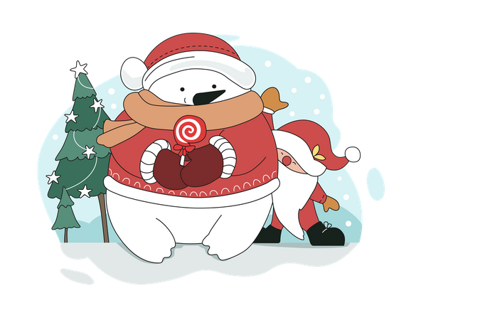 Dwarf Having Fun With Snowman  Illustration