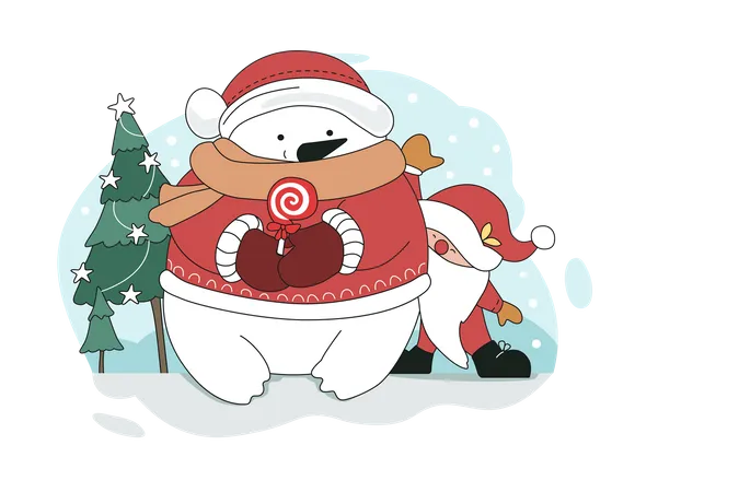 Dwarf Having Fun With Snowman  Illustration