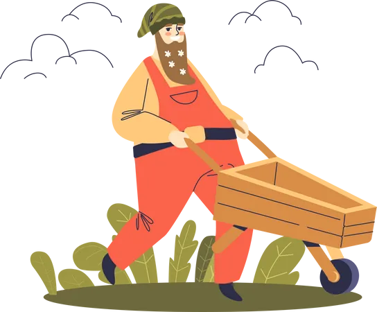 Funny Garden Gnome Pushing Wheelbarrow Cute Cartoon Dwarf With Long Beard Wearing Hat Gardening Fairytale And Mythological Creature Concept Flat Vector Illustration Illustration
