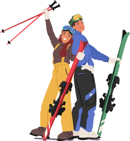 Dynamic Duo Of Skiers Stylishly Posing Isolated On White Backdrop Young Couple Characters Exuding The Essence Of Winter Sports With Elegance And Confidence Cartoon People Vector Illustration Illustration