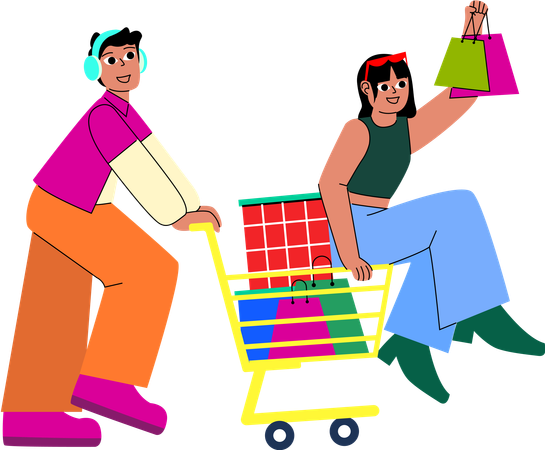 Dynamic scene of two friends on a shopping adventure  イラスト