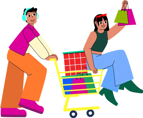 A Dynamic Scene Of Two Friends On A Shopping Adventure Enthusiastically Pointing Out The Next Great Deal Illustration