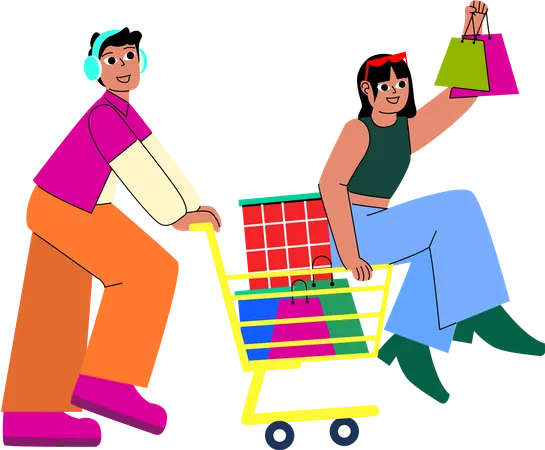 Dynamic scene of two friends on a shopping adventure  Illustration