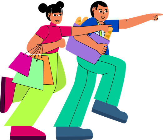 Dynamic scene of two friends on a shopping adventure  Illustration