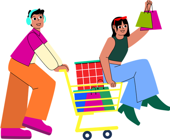 Dynamic scene of two friends on a shopping adventure  일러스트레이션