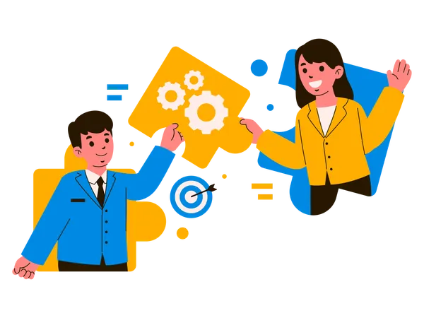A Male And Female Professional Dressed In Blue And Yellow Blazers Respectively Engage In A Dynamic Collaborative Effort Symbolically Connecting Puzzle Pieces Illustration
