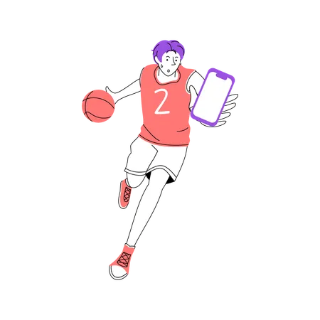 Dynamischer Basketballspieler mit Smartphone  Illustration