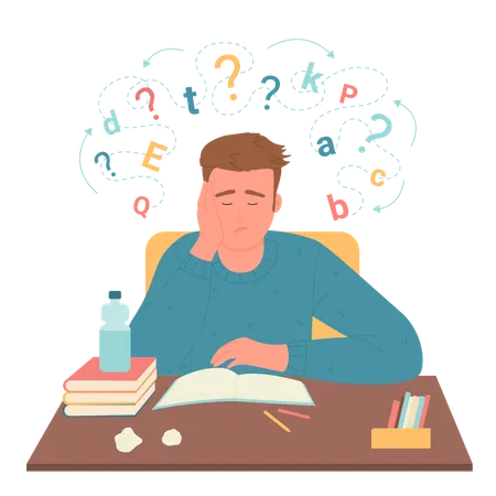 Problems In Learning And Literacy Dysgraphia And Dyslexia Disability Vector Illustration Cartoon Dyslexic Confused Student Sitting At Desk With Cloud Of Letters Frustrated Boy Asking Question Illustration