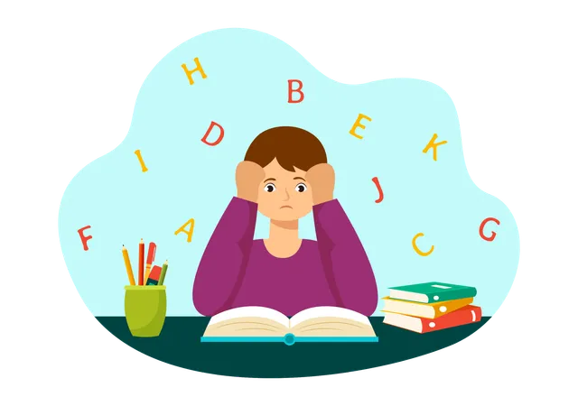 Dyslexia Children Vector Illustration Of Kids Dyslexia Disorder And Difficulty In Learning Reading With Letters Flying Out In Flat Cartoon Background Illustration