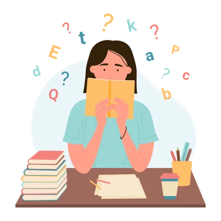 Dyslexia Disability Disorder Problem Of Reading And Understanding Vector Illustration Cartoon Dyslexic Girl Sitting At Desk With Cloud Of Letters And Book To Read And Solve Chaos Puzzle Of Words Illustration