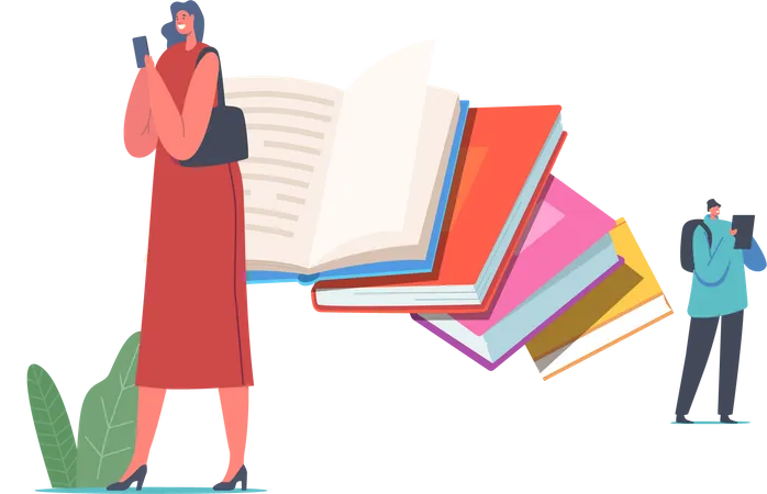 Paper Book Vs E Book Concept Characters Reading Using Innovative Technologies Ebooks And Smartphones Digitization Education Literature Digital Device For Read Cartoon People Vector Illustration Illustration