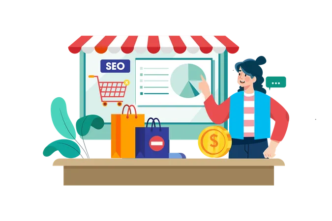 E Commerce Marketer Optimizing Product Pages For SEO Illustration