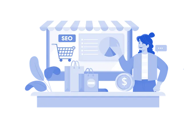 E Commerce Marketer Optimizing Product Pages For SEO Illustration