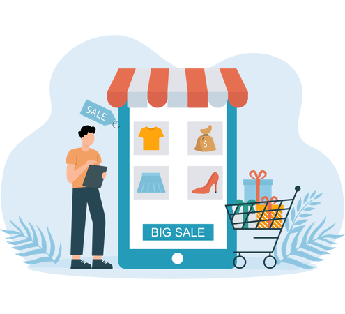 E-Commerce shopping done by businessman  Illustration