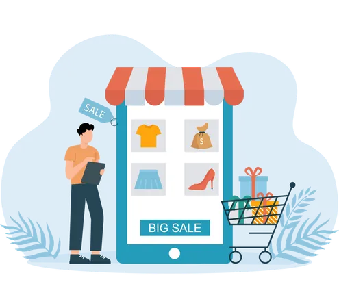 E-Commerce shopping done by businessman  Illustration