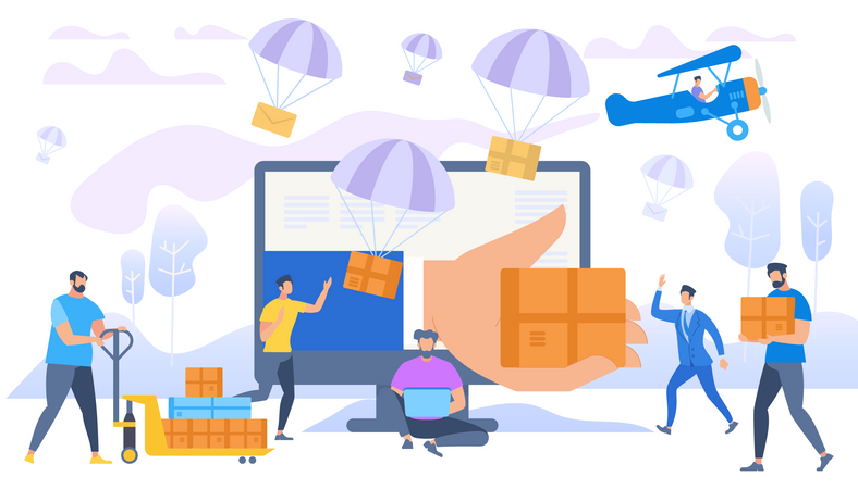 Ventes e-commerce, Parachutes Expédition de Colis  Illustration