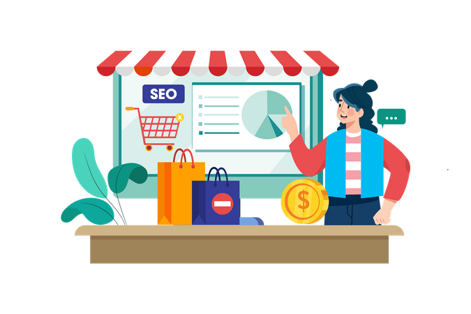 E-Commerce-Vermarkter optimiert Produktseiten für SEO  Illustration