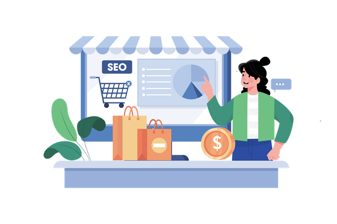 E-Commerce-Vermarkter optimiert Produktseiten für SEO  Illustration