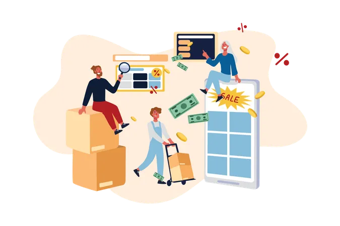 E Commerce Websites Discount Offers Holiday Sale Shoppers Searching For Best Price Ordering Products Online Shipping Service Delivery Guy Concept Cartoon Sketch Flat Vector Illustration Illustration