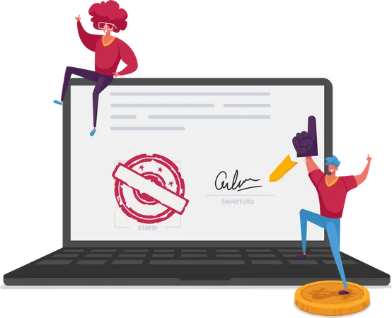 Econtract Signing Concept Tiny Male Characters In Funny Costumes Cheering At Huge Laptop With Document Digital Signature And Stamp On Screen Electronic Contract Cartoon People Vector Illustration Illustration