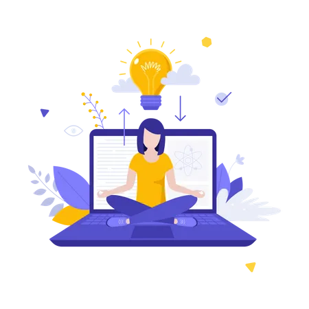 Glowing Light Bulb And Woman Sitting Cross Legged On Laptop Computer And Meditating Concept Of E Knowledge Distant Learning Online Courses Creative Idea Generation Modern Flat Vector Illustration Illustration