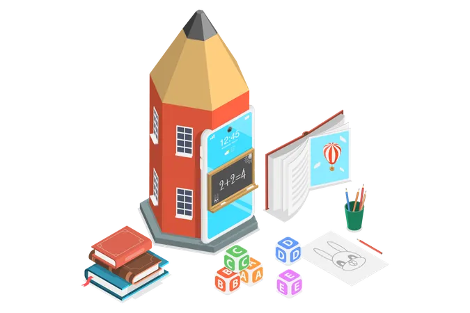 3 D Isometric Flat Vector Concept Of E Learning For Kids Online Kindergarten Classes Distance Courses Back To Digital School Illustration