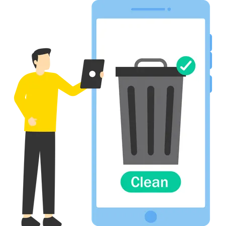 Woman Cleaning Cell Phone From Junk Files Women Deleting Documents With Software Users Delete Folders With Documents Photos Videos Games To The Trash Clear Cache 일러스트레이션