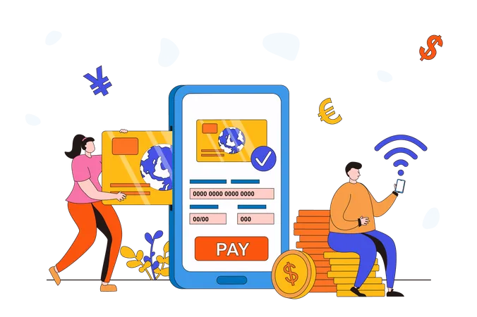 E Payment Process Web Concept In Flat 2 D Design Man And Woman Pay For Purchases And Services With Credit Card Using Smartphone Application Online Store Payment Vector Illustration With People Scene Illustration