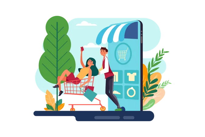 The Couple Goes Shopping Cart In A Mobile Online Shop Illustration