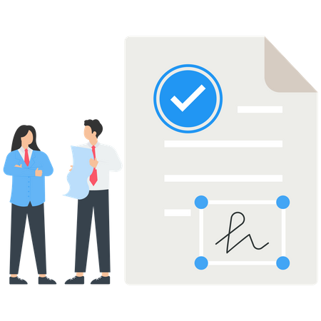 E-signature, Characters signing legal document  Illustration