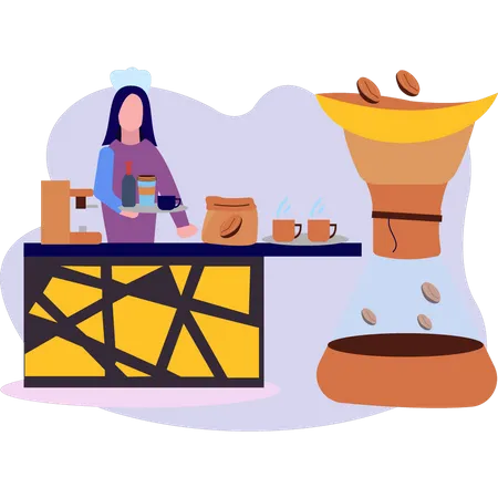 The Waitress Carries A Tray Of Coffee Illustration