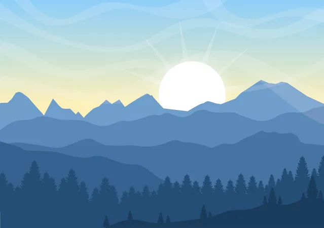 Sunrise Landscape Of Morning Scene Mountains Hill Lake And Valley In Flat Nature For Poster Banner Or Background Illustration Illustration