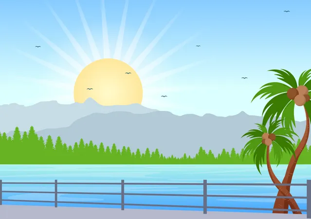Sea Sunrise Landscape Above Morning Scene Ocean With Clouds Water Surface Palm Tree And Beach In Flat Background Illustration For Banner Illustration