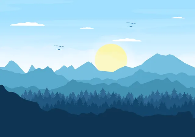 Sunrise Landscape Of Morning Scene Mountains Hill Lake And Valley In Flat Nature For Poster Banner Or Background Illustration Illustration