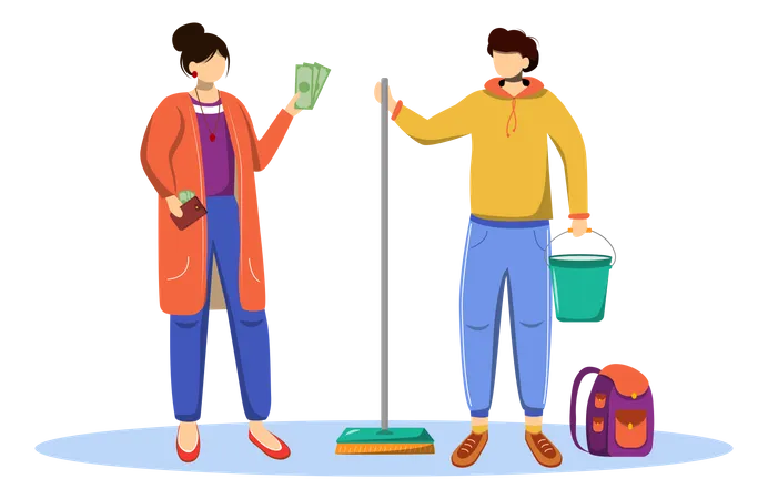 Earning Money Flat Vector Illustration Getting Ready For Trip Vacation Working As Cleaner Work For Student Youth Voyage Preparation Isolated Cartoon Character On White Background Illustration