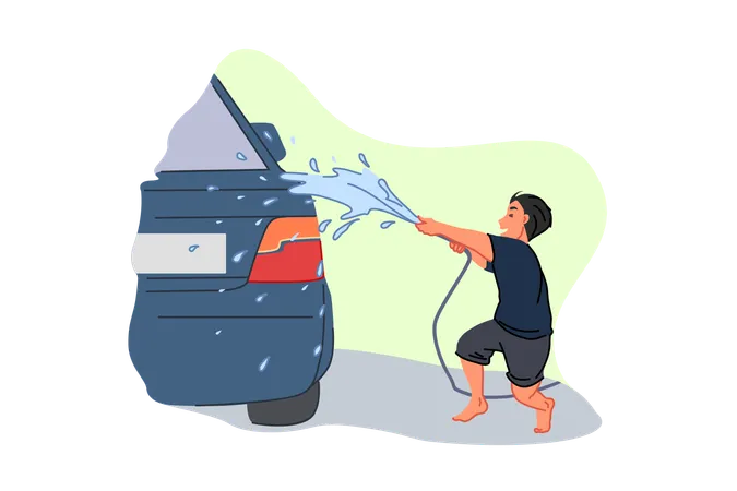 Car Wash Service Earning Pocket Money Parent Helper Child Labour Concept Smiling Teenager With Water Hose Boy Washing Passenger Vehicle Male Young Automobile Washer Simple Flat Vector Illustration