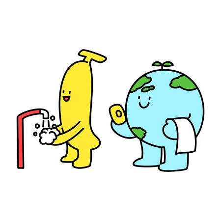 Earth and Banana Practicing Hygiene  Illustration