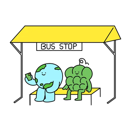 Earth and Broccoli Waiting for Public Transport  Illustration