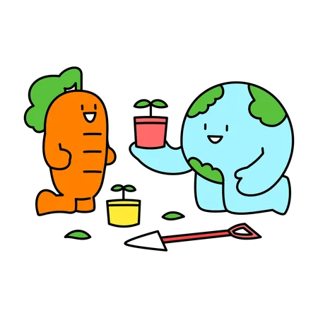 Earth and Carrot Planting Trees Together  Illustration